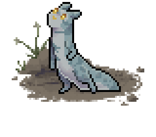 Pixel art of a blue-grey slugcat with spots, and a dim grey belly. Its eyes are yellow.